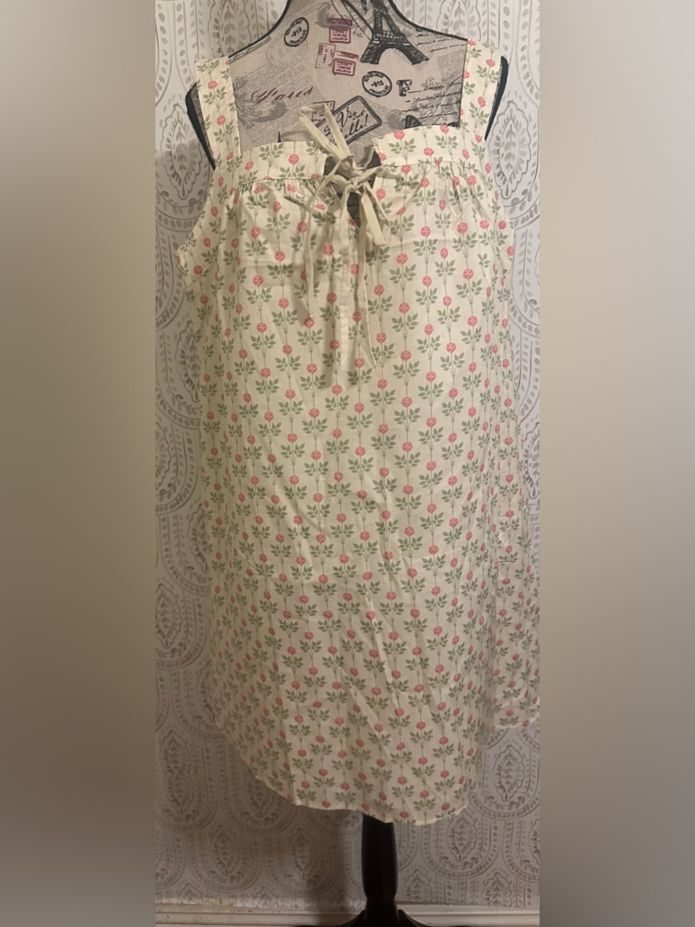 Floral Print Cotton Tie-Waist Women's Dress - Cream with Pink Roses